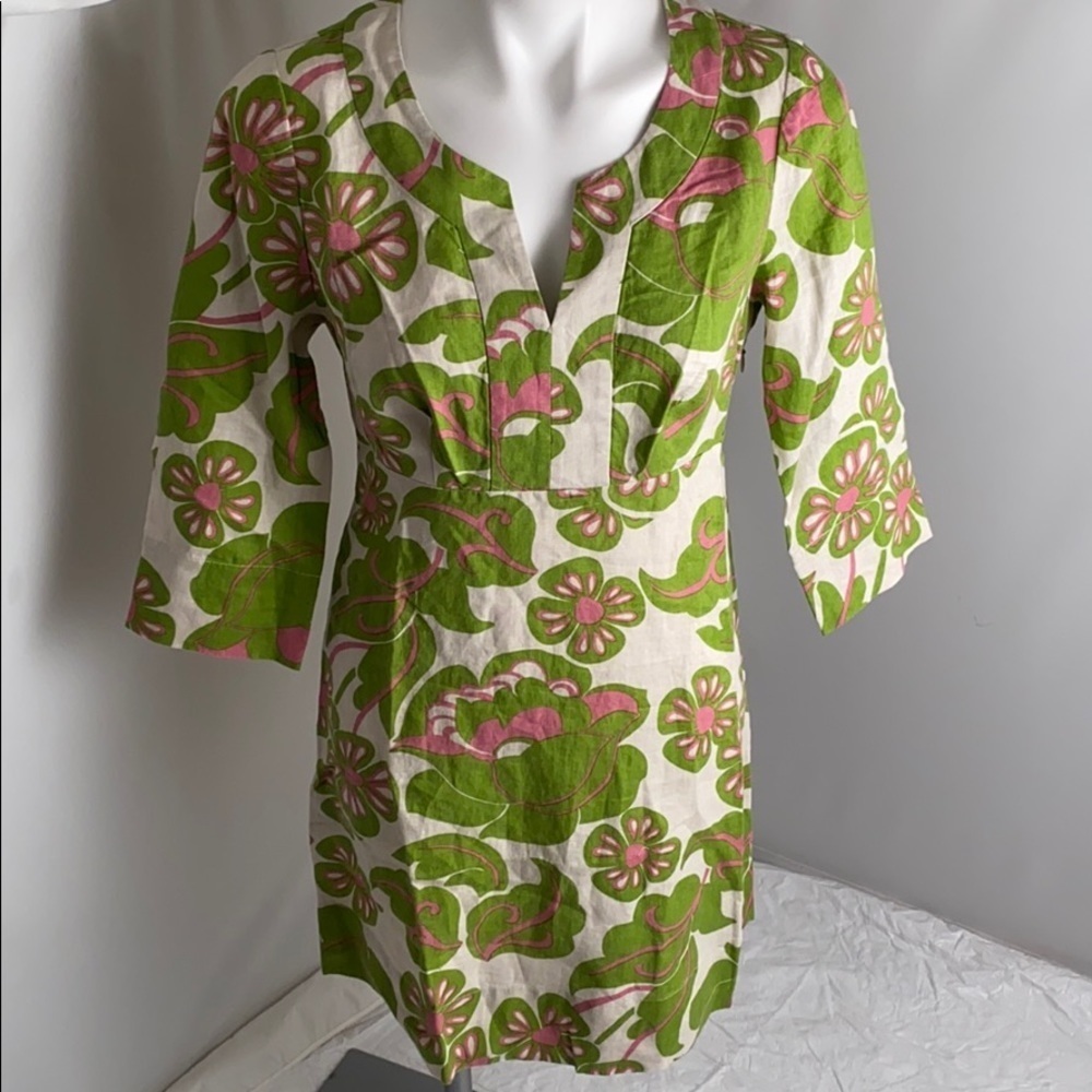Boden fennel flower multicolor green pink cream linen dress 6